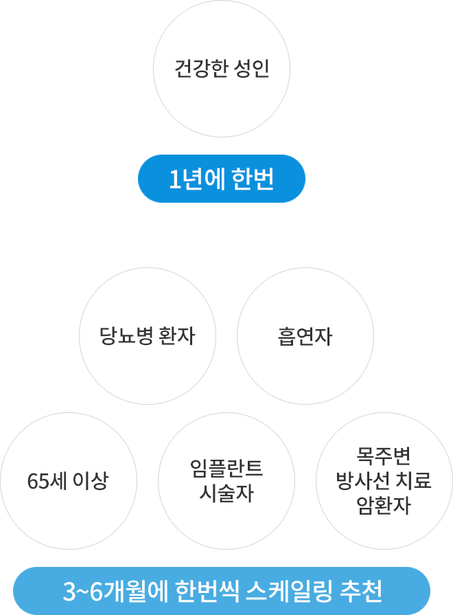 건강한 성인 - 1년에 한번 / 당뇨병 환자, 흡연자, 65세 이상, 임플란트 시술자, 목주변 방사선 치료 암환자 - 3~6개월에 한번씩 스케일링 추천